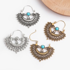 new bohemian fan-shaped hollow retro pattern turquoise flower earrings