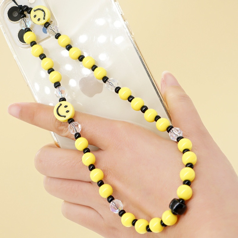 new macaron yellow crystal smiley beaded mobile phone chain lanyard