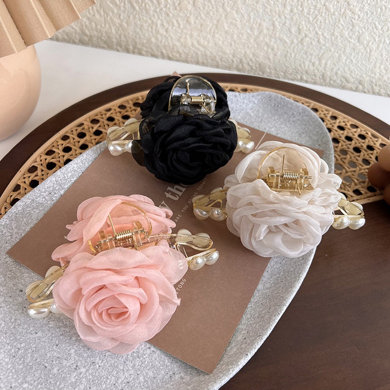 Korean simple camellia flower pearl catch clip back of the head headgear