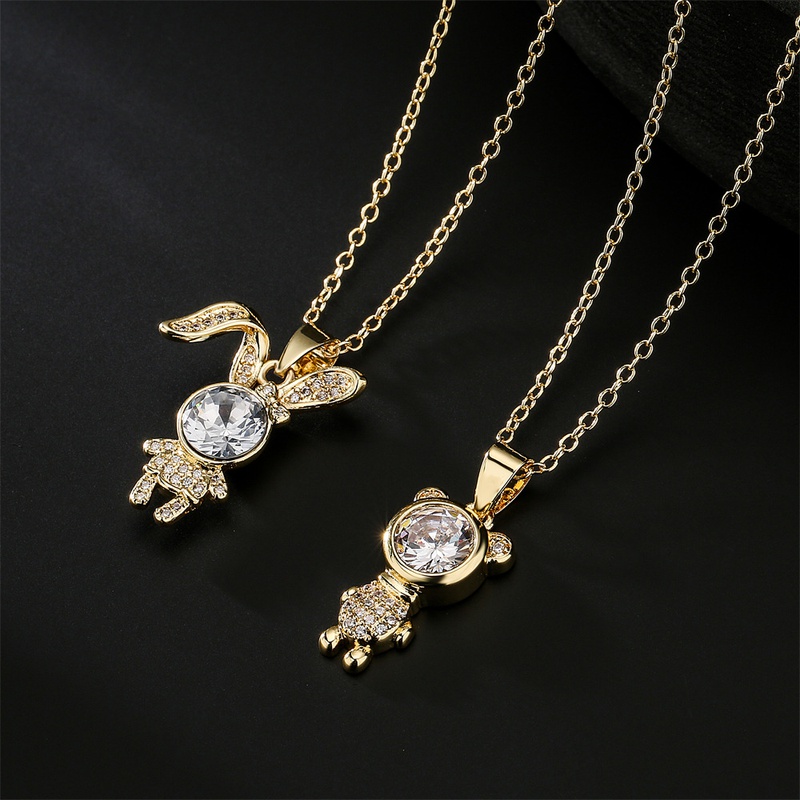 cute animal zircon jewelry copper plated 18K gold bear rabbit pendant necklace female