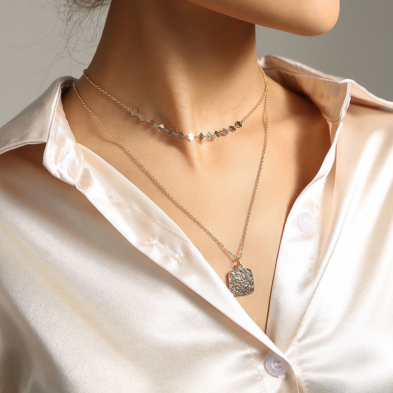simple square necklace multilayer necklace alloy clavicle chain