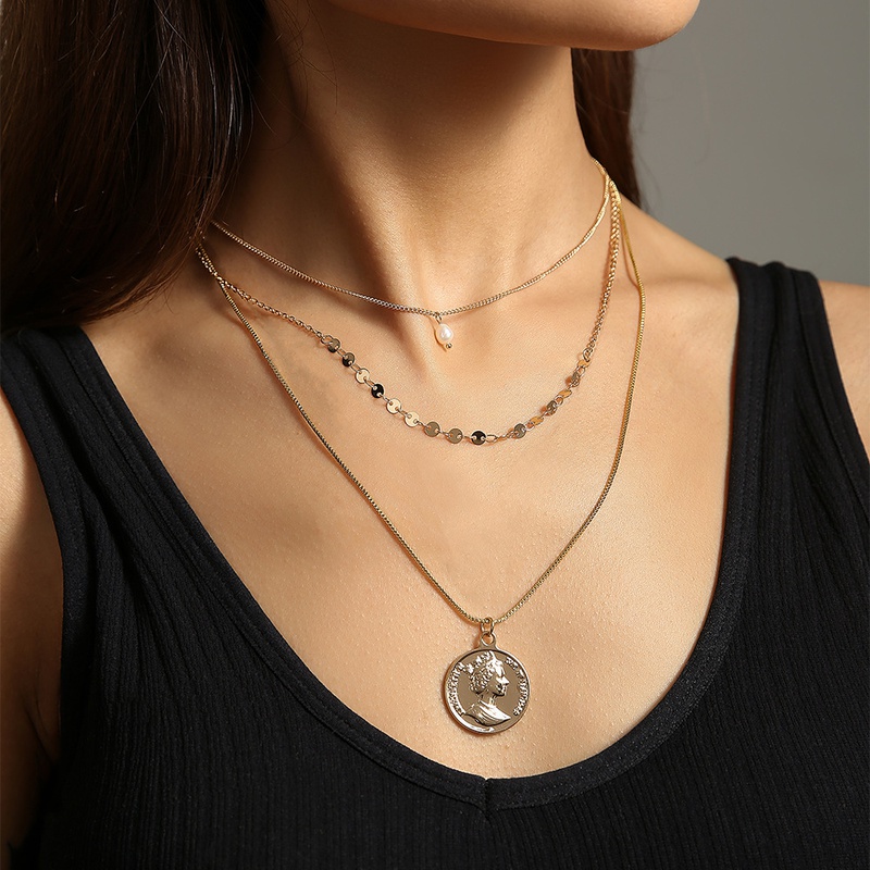 fashion multilayer necklace freshwater pearl portrait pendant necklace