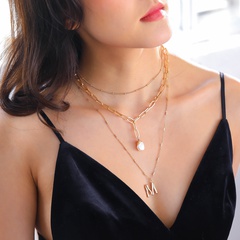 fashion multi-layer necklace letter pendant pearl pendant alloy necklace