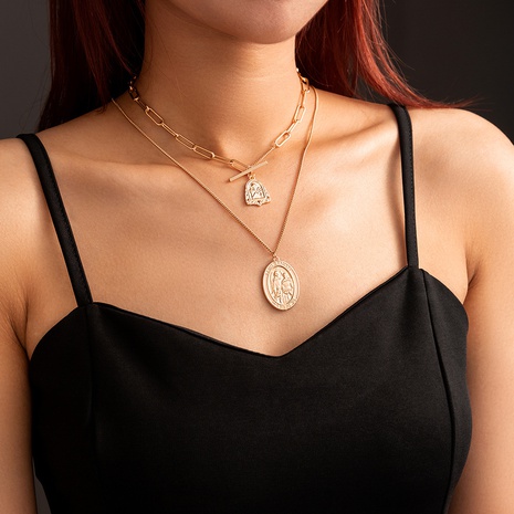 simple retro portrait pendant muilt-layer necklace alloy collarbone chain   NHDB656640's discount tags