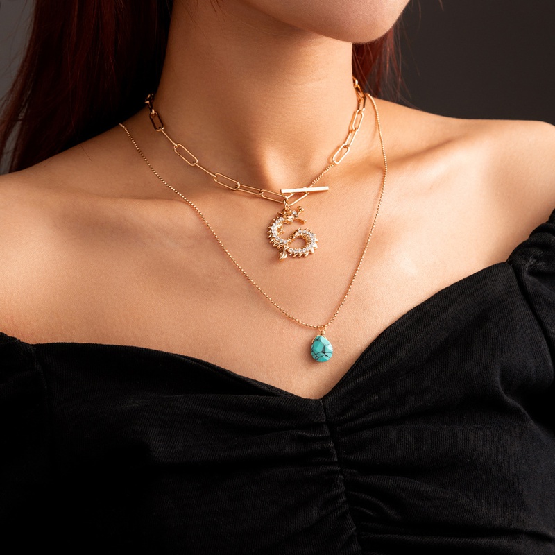Simple retro doublelayer necklace turquoise alloy dragonshaped necklace