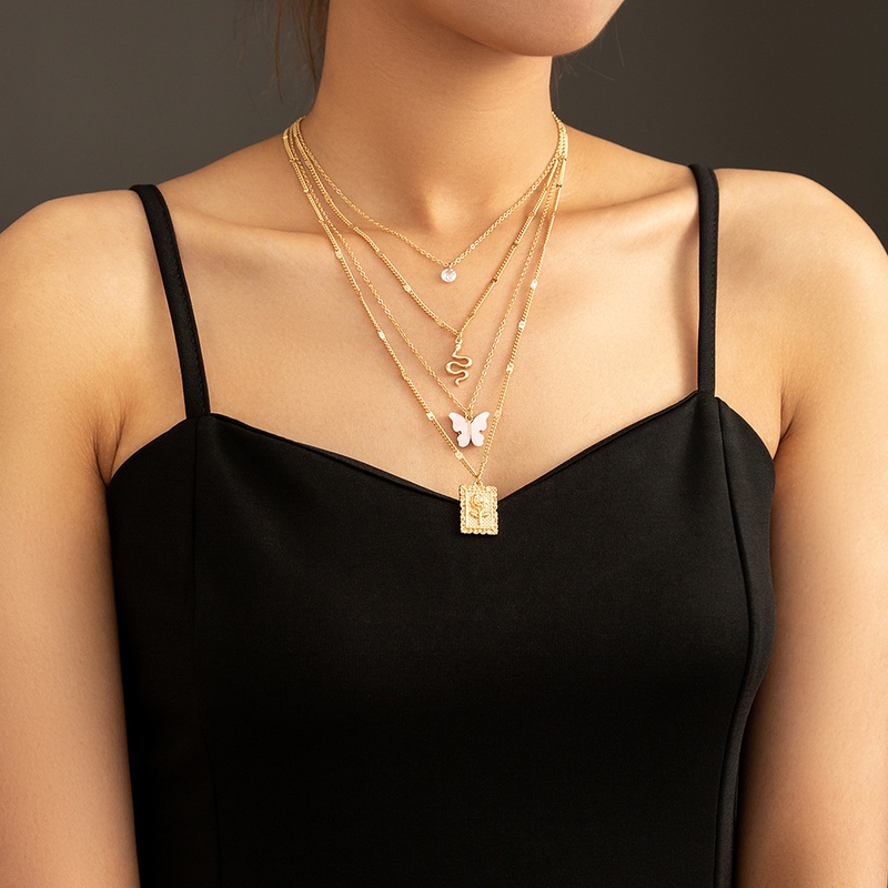 fashion butterfly snake zircon pendant multilayer alloy necklace