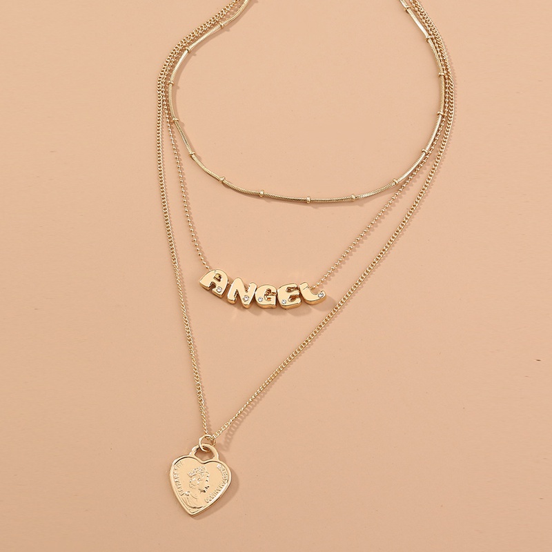 fashion letters multilayer simple retro heartshaped pendant alloy necklace