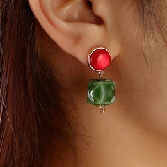 vintage contrast color greenstone red splash ink geometric drop earrings