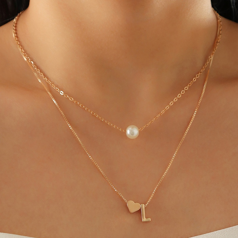 fashion alphabet pearl doublelayer heartshaped alloy necklace
