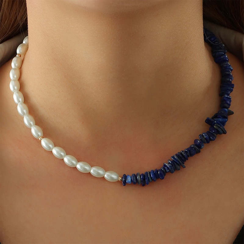 Bohemian style sapphire blue pearl necklace resin collarbone chain
