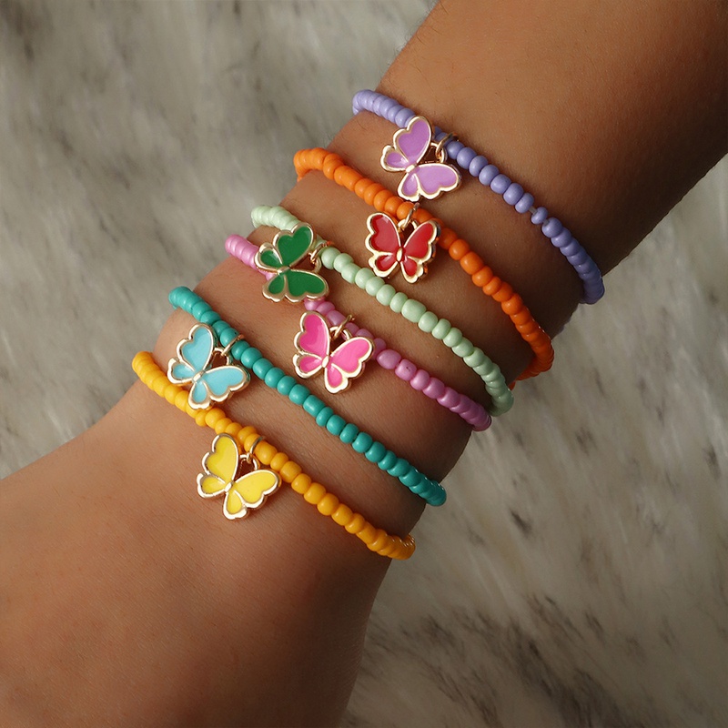 Bohemian Color Beads Oil Butterfly Pendant Womens Bracelet Set