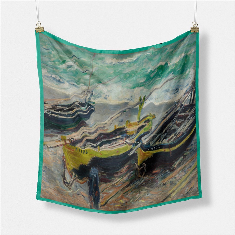53cm Monet Oil Painting Series Seaside Fishing Boat Twill Small Square Scarf Silk Scarf