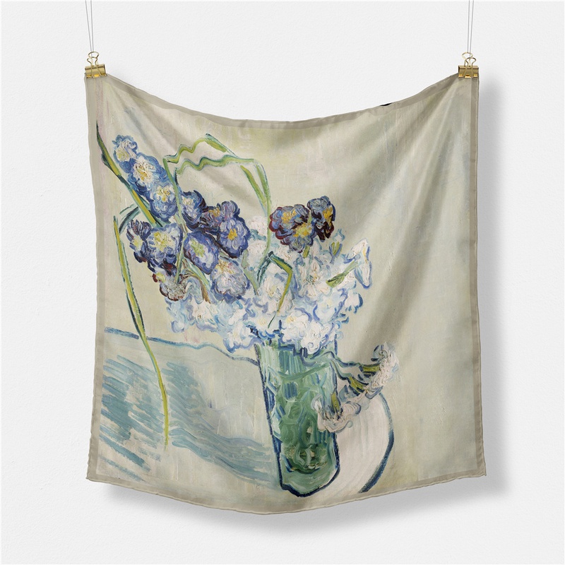 53cm Van Gogh Oil Painting Series Carnation Glass Bottle Print Silk Scarf Small Square Scarf
