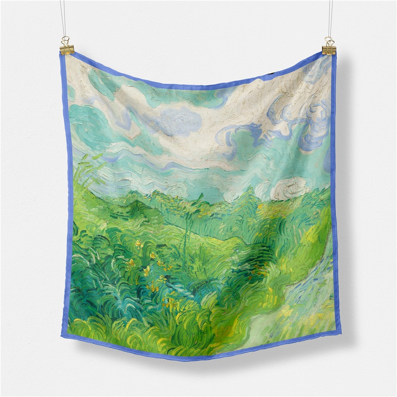 53cm Van Gogh oil painting series green wheat field silk scarf small square scarf
