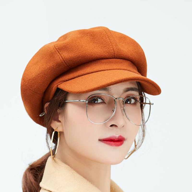 British solid color woolen octagonal female autumn and winter new peaked cap