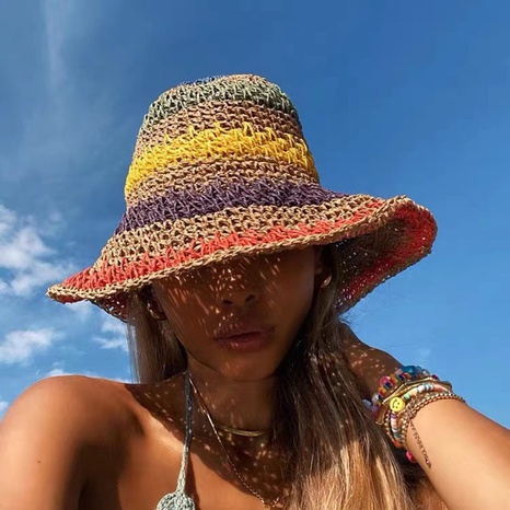 chapeau de pêcheur assorti couleur arc-en-ciel pliable de style bohème pour femme chapeau de paille's discount tags