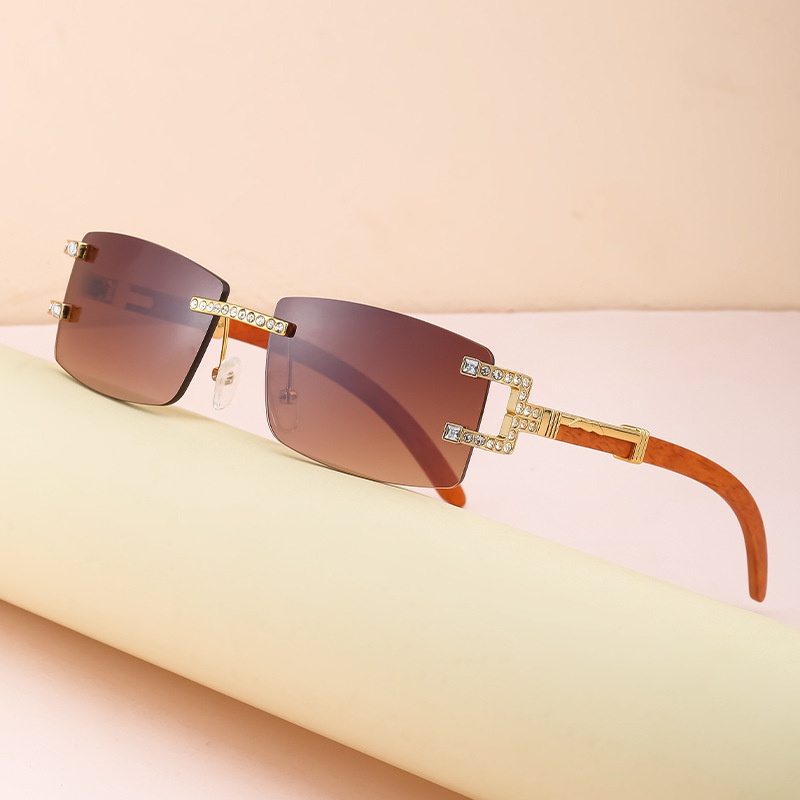 New Retro Imitation Wooden Leg Sunglasses Fashion Frameless Diamond Sunglasses