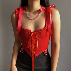 summer new solid color pullover waist bow shoulder strap tie-up top