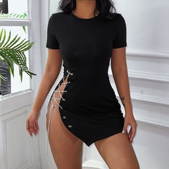 fashion sexy side straps hollow short-sleeved dress spring and summer new slim fit hip skirt