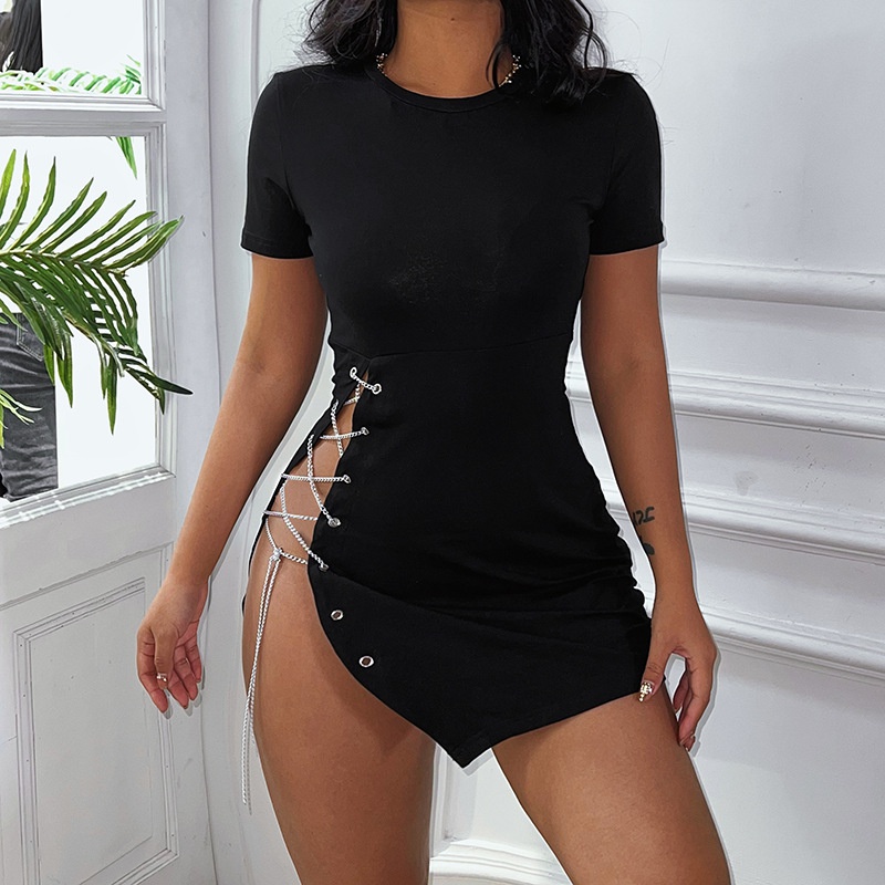 fashion sexy side straps hollow shortsleeved dress spring and summer new slim fit hip skirt