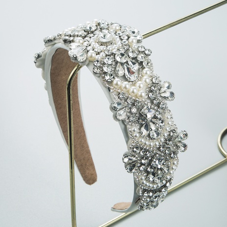 Baroque silver diamond flower geometric inlaid pearl wide headband NHLN666545's discount tags