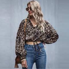 Ladies' new V-neck hem drawstring leopard print top