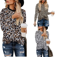 Leopard Print Women's T-Shirt Crew Neck Long Sleeve Top