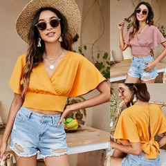 New V-Neck Sleeve Backless Tie Bow Cropped Shirt