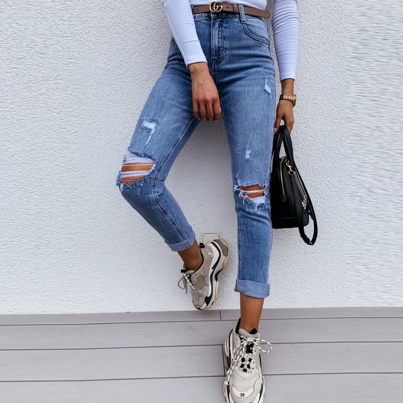 Fashion solid color womens jeans ripped thin trousers