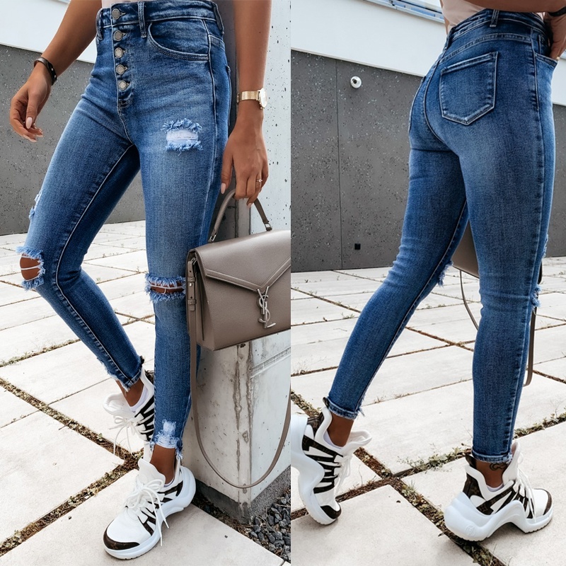 Ladies jeans fashion slim fit ripped denim trousers with fringe