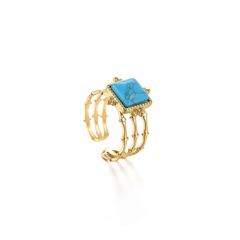new 14K gold bamboo square blue turquoise stainless steel open ring