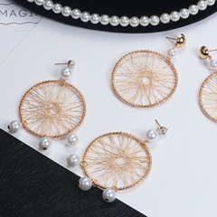 fashion mesh pearl retro braided metal large hoop earrings women