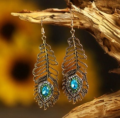 fashion retro ethnic peacock diamond leaf feather ear hook earrings