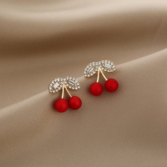 Fashion cute red diamond-encrusted cherry fruit alloy earrings