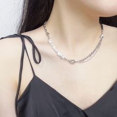 simple irregular pearl cylindrical string stitching rhinestone titanium steel necklace