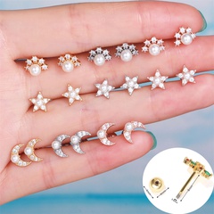 fashion pearl brass rod screw ball puncture star moon stud earrings