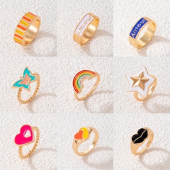 fashion color drip oil letter star ring rainbow heart single ring