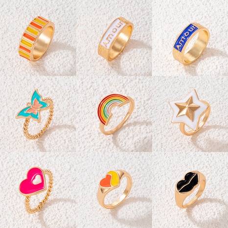 fashion color drip oil letter star ring rainbow heart single ring NHGY674392's discount tags