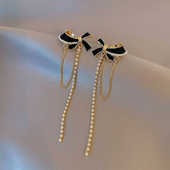 Celebrity style tassel long pearl black bow earrings niche design fashion high-end earrings feminine temperament