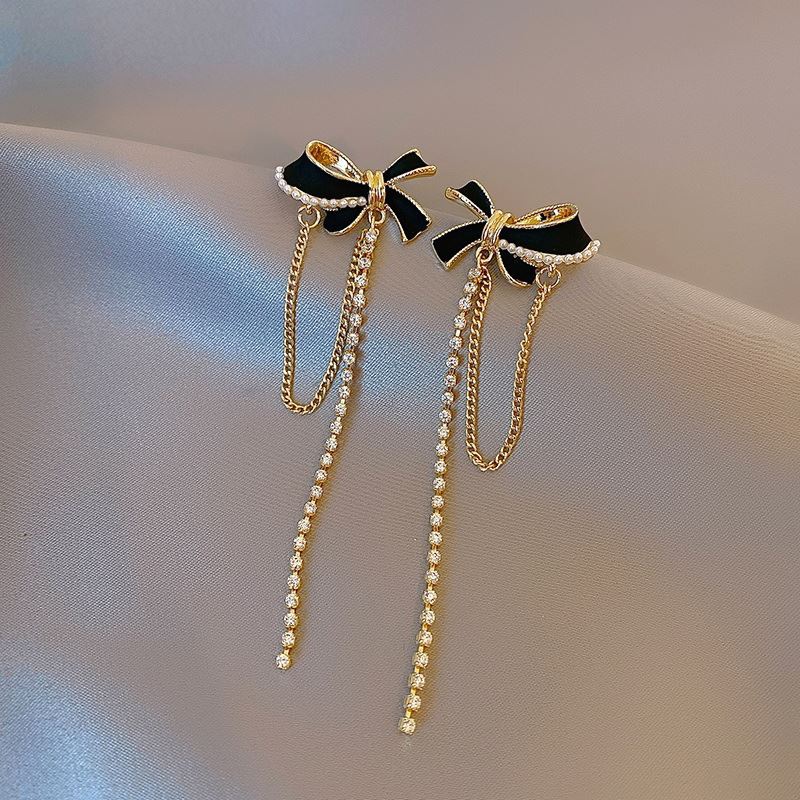 Celebrity style tassel long pearl black bow earrings niche design fashion highend earrings feminine temperament