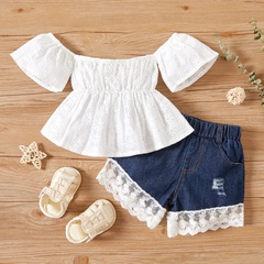 Children's clothing one-shoulder lace top denim shorts suit baby girl