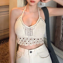 Summer sexy lace-up halterneck open-back knitted fringed vest top