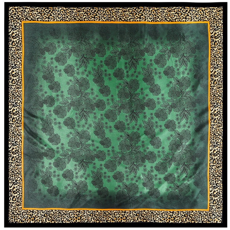 90cm Retro Green Leopard Print Floral Large Square Scarf Silk Scarf