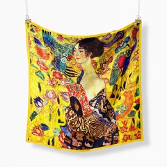 retro yellow oil painting holding fan women lotus twill decoration small square scarf