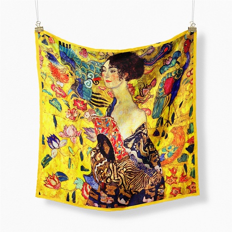 retro yellow oil painting holding fan women lotus twill decoration small square scarf  NHMTO674649's discount tags