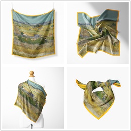 Fashion Van Gogh oil painting wheat field harvest ladies twill small square scarfpicture8