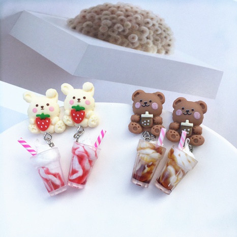 Creative cute ice cream pearl milk tea bear strawberry resin earrings's discount tags