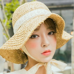 fashion lace tie bow straw hat foldable fisherman hat big brim sun hat