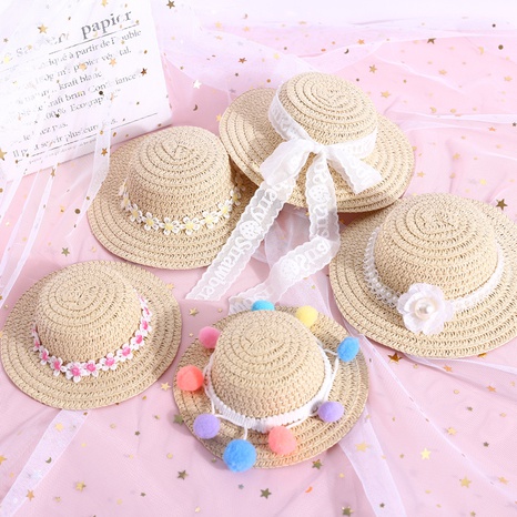 Pet woven adjustable pearl flower lace bow daisy ball cat dog straw hat NHDAY674943's discount tags