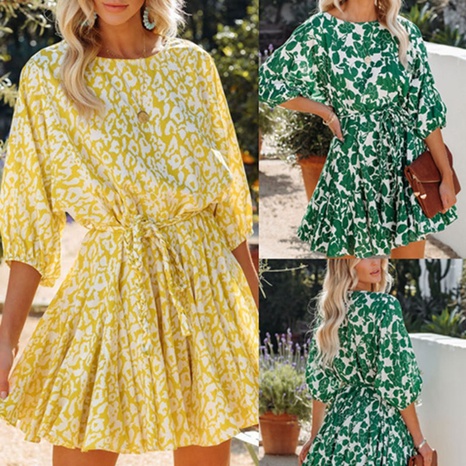 2022 spring and summer new women's floral print round neck twist strap dress's discount tags
